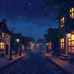 A delightful pixel art scene depicting a small night street in a quaint town, illuminated by warm street lamps casting a soft glow