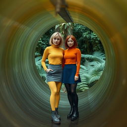 A short hair blonde busty woman wearing a yellow mottled smooth turtleneck, a gray miniskirt, yellow tights, and gray boots, stands beside a short hair busty redhead dressed in an orange mottled smooth turtleneck, a blue miniskirt, black tights, and black boots