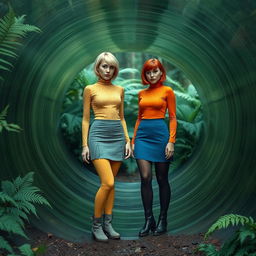 A short hair blonde busty woman wearing a yellow mottled smooth turtleneck, a gray miniskirt, yellow tights, and gray boots, stands beside a short hair busty redhead dressed in an orange mottled smooth turtleneck, a blue miniskirt, black tights, and black boots