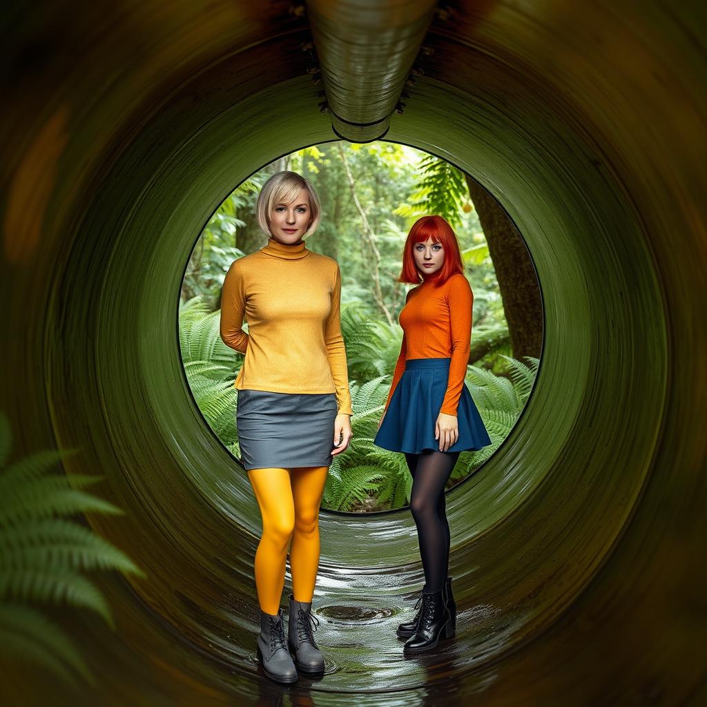 A short hair blonde busty woman wearing a yellow mottled smooth turtleneck, a gray miniskirt, yellow tights, and gray boots, stands beside a short hair busty redhead dressed in an orange mottled smooth turtleneck, a blue miniskirt, black tights, and black boots