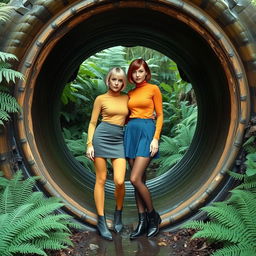 A short hair blonde busty woman wearing a yellow mottled smooth turtleneck, a gray miniskirt, yellow tights, and gray boots, stands beside a short hair busty redhead dressed in an orange mottled smooth turtleneck, a blue miniskirt, black tights, and black boots