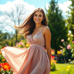 A stunning portrait of a confident woman in a beautiful outdoor setting, wearing a flowy, elegant dress that dances in the breeze