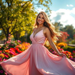 A stunning portrait of a confident woman in a beautiful outdoor setting, wearing a flowy, elegant dress that dances in the breeze