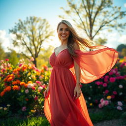 A stunning portrait of a confident woman in a beautiful outdoor setting, wearing a flowy, elegant dress that dances in the breeze