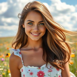A portrait of a young woman with long, flowing brunette hair, striking green eyes, and a warm smile