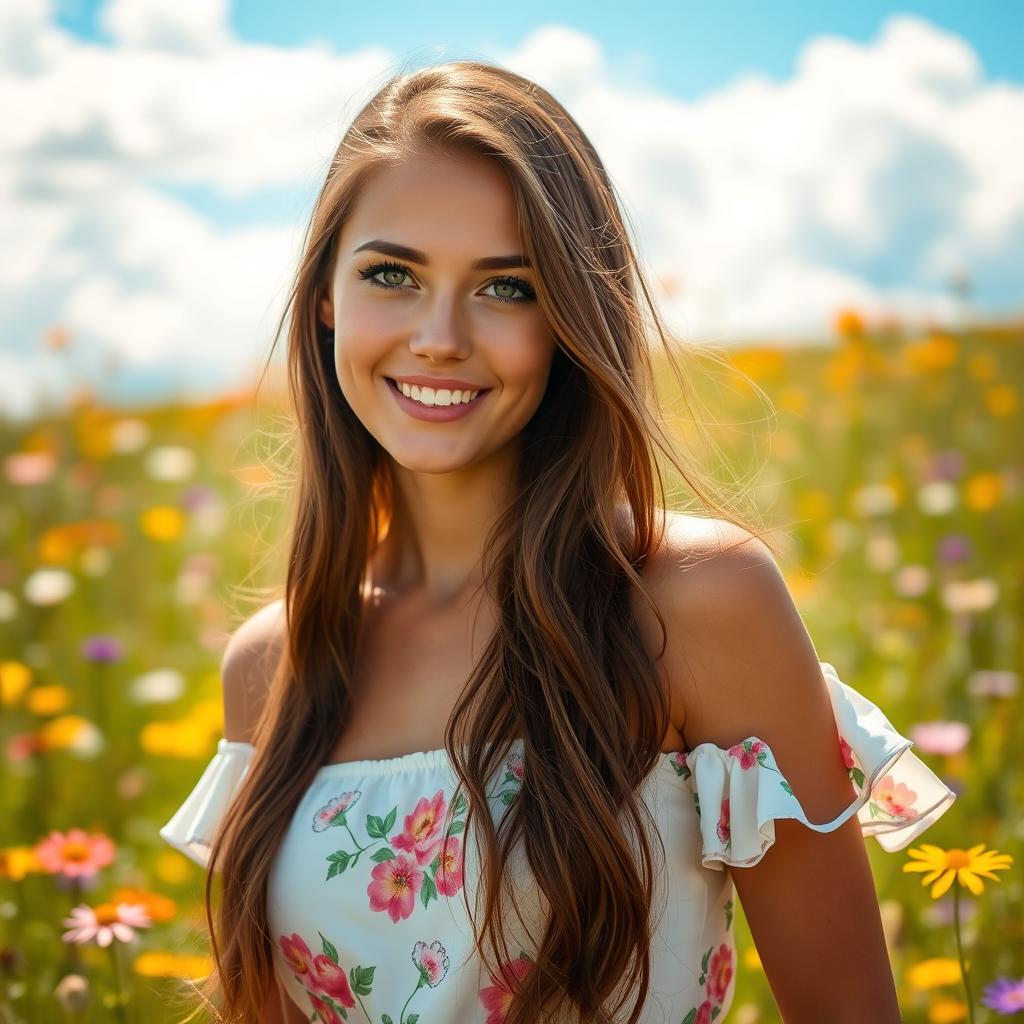 A portrait of a young woman with long, flowing brunette hair, striking green eyes, and a warm smile