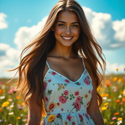 A portrait of a young woman with long, flowing brunette hair, striking green eyes, and a warm smile