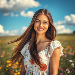 A portrait of a young woman with long, flowing brunette hair, striking green eyes, and a warm smile
