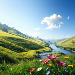 A highly realistic and detailed image featuring a lush green landscape with rolling hills, a clear blue sky, and a serene river flowing through the scene