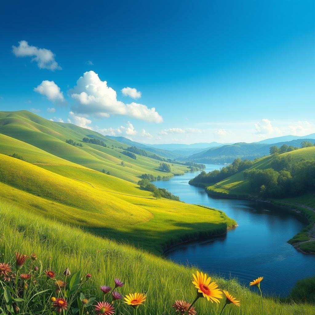 A highly realistic and detailed image featuring a lush green landscape with rolling hills, a clear blue sky, and a serene river flowing through the scene