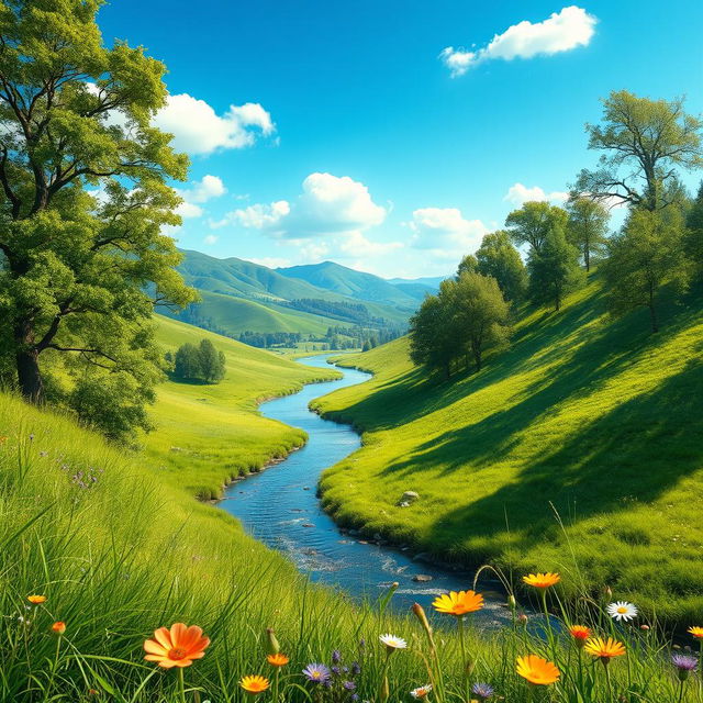 A highly realistic and detailed image featuring a lush green landscape with rolling hills, a clear blue sky, and a serene river flowing through the scene