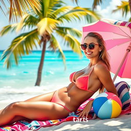 A beautifully tanned model in a stylish bikini, lounging on a tropical beach with palm trees swaying in the background