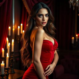 A seductive, attractive woman with long flowing hair wearing an elegant red dress that hugs her curves