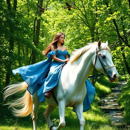 A stunningly beautiful woman riding a majestic white horse through a lush green forest