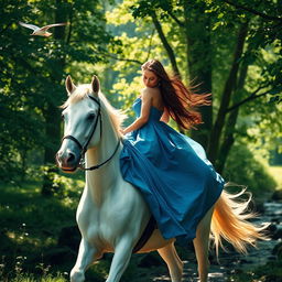 A stunningly beautiful woman riding a majestic white horse through a lush green forest
