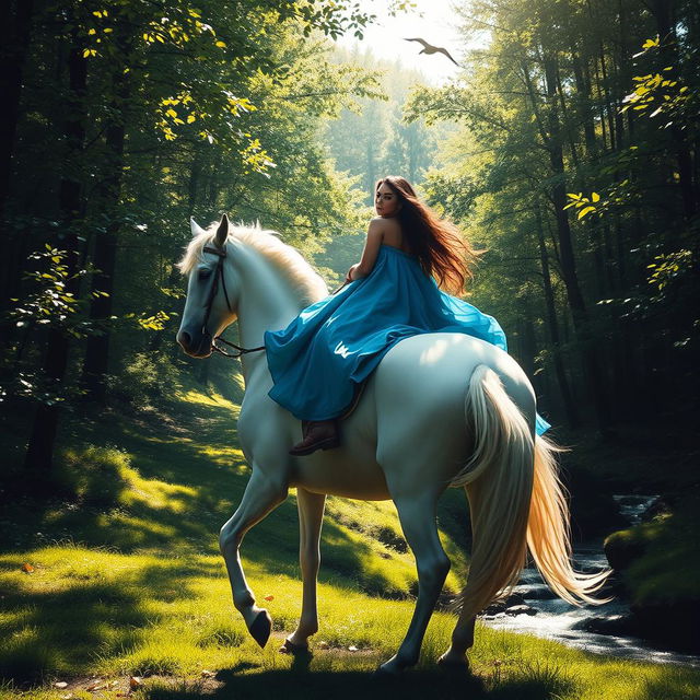 A stunningly beautiful woman riding a majestic white horse through a lush green forest