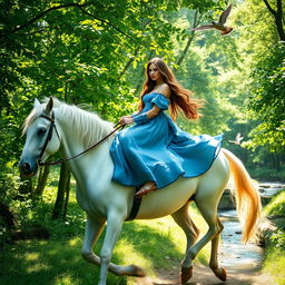 A stunningly beautiful woman riding a majestic white horse through a lush green forest