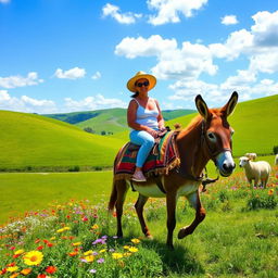 A picturesque scene featuring a person riding a donkey through a vibrant, sunlit countryside