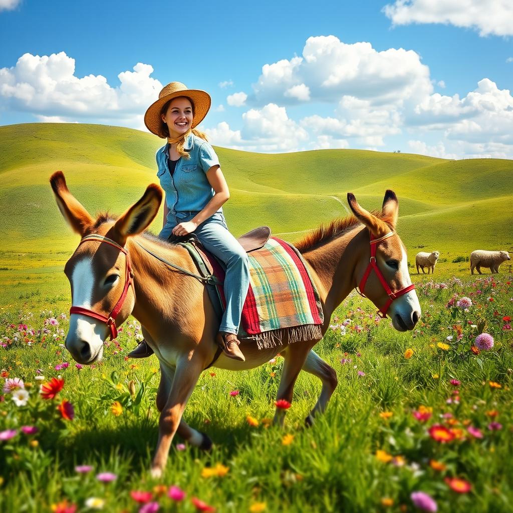 A picturesque scene featuring a person riding a donkey through a vibrant, sunlit countryside