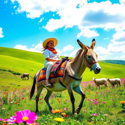 A picturesque scene featuring a person riding a donkey through a vibrant, sunlit countryside