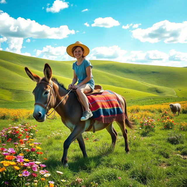 A picturesque scene featuring a person riding a donkey through a vibrant, sunlit countryside