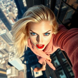 A beautiful blonde woman with striking blue eyes and vibrant red lips, wearing a luxurious bathrobe, appears to be falling from a skyscraper