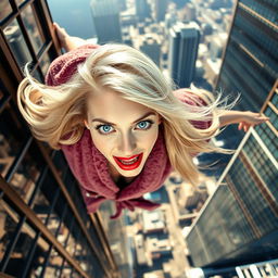 A beautiful blonde woman with striking blue eyes and vibrant red lips, wearing a luxurious bathrobe, appears to be falling from a skyscraper