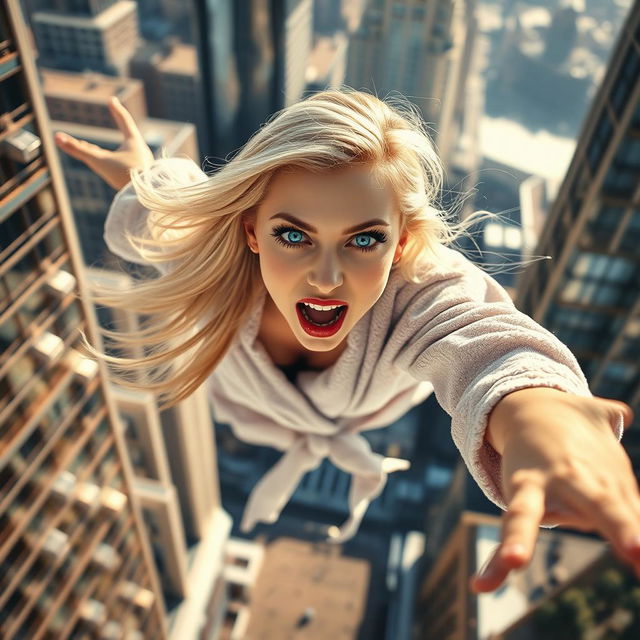 A beautiful blonde woman with striking blue eyes and vibrant red lips, wearing a luxurious bathrobe, appears to be falling from a skyscraper