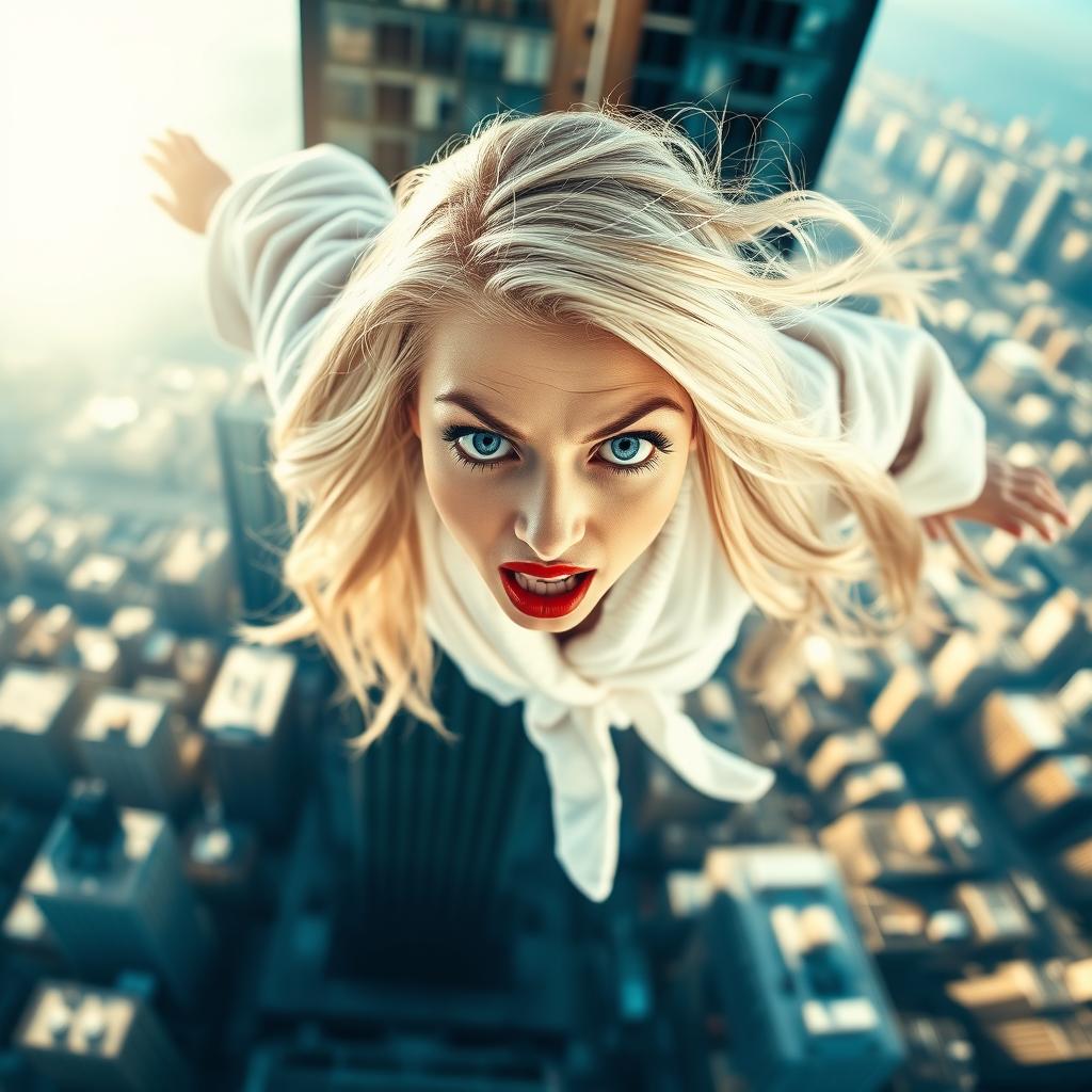 A beautiful blonde woman with striking blue eyes and vibrant red lips, wearing a luxurious bathrobe, appears to be falling from a skyscraper