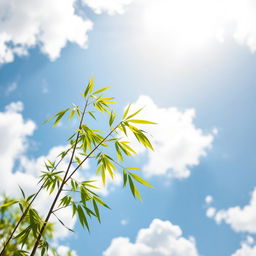 A serene landscape featuring a bamboo tree in the foreground, gracefully swaying with a gentle breeze