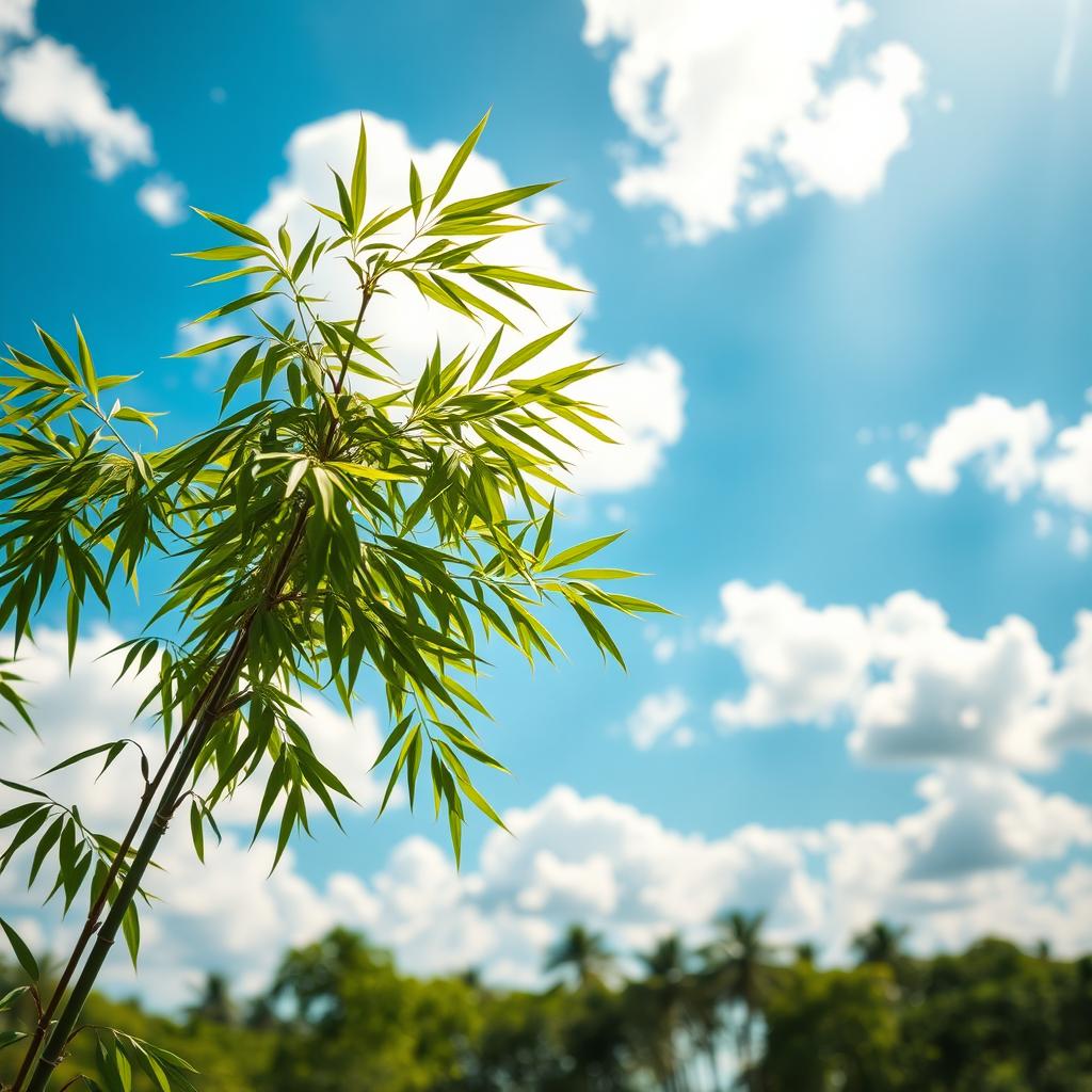 A serene landscape featuring a bamboo tree in the foreground, gracefully swaying with a gentle breeze