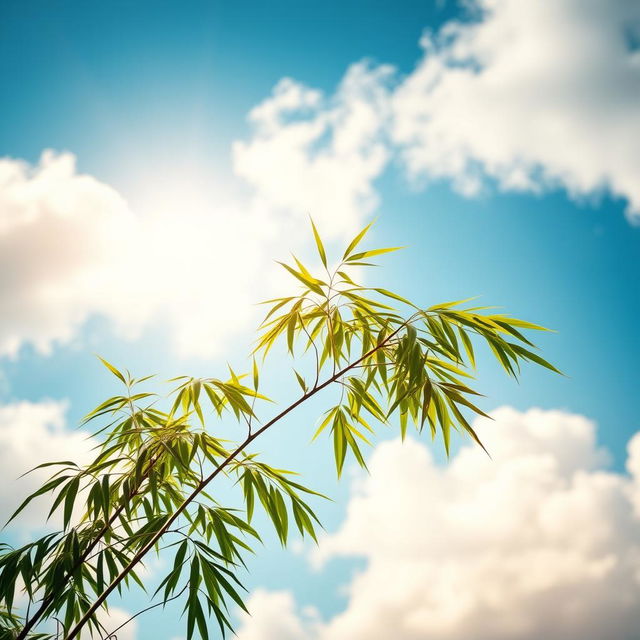 A serene landscape featuring a bamboo tree in the foreground, gracefully swaying with a gentle breeze