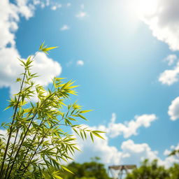 A serene landscape featuring a bamboo tree in the foreground, gracefully swaying with a gentle breeze