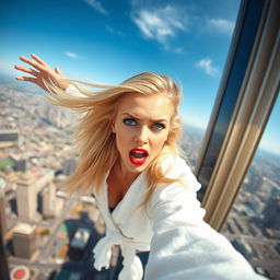 A beautiful blonde woman in a white bathrobe, with striking blue eyes and bold red lips, depicted in a dramatic scene as she falls from a towering skyscraper