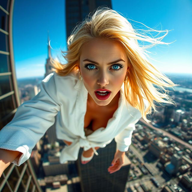 A beautiful blonde woman in a white bathrobe, with striking blue eyes and bold red lips, depicted in a dramatic scene as she falls from a towering skyscraper