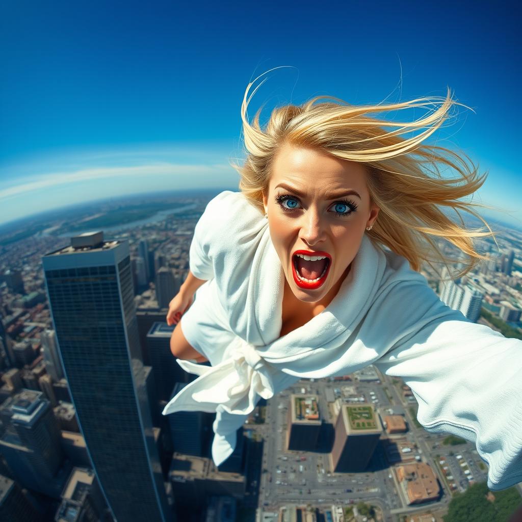 A beautiful blonde woman in a white bathrobe, with striking blue eyes and bold red lips, depicted in a dramatic scene as she falls from a towering skyscraper