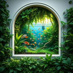 A stunning view of a wall opening transformed into a lush, vibrant forest of plants, where various types of green foliage intertwine harmoniously
