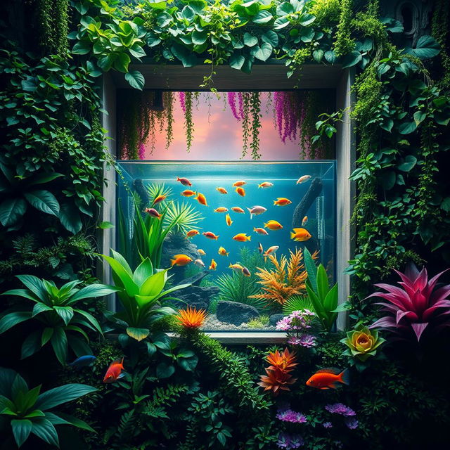 A stunning view of a wall opening transformed into a lush, vibrant forest of plants, where various types of green foliage intertwine harmoniously