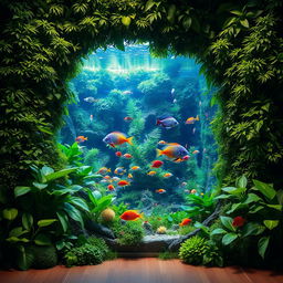 A stunning view of a wall opening transformed into a lush, vibrant forest of plants, where various types of green foliage intertwine harmoniously