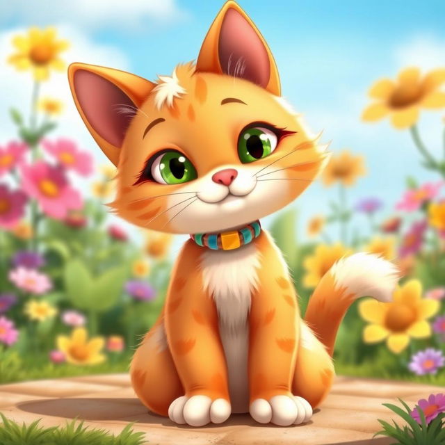 A charming cartoonish cat, playful and whimsical, sitting upright with two adorable legs instead of one