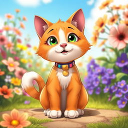 A charming cartoonish cat, playful and whimsical, sitting upright with two adorable legs instead of one