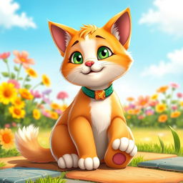 A charming cartoonish cat, playful and whimsical, sitting upright with two adorable legs instead of one