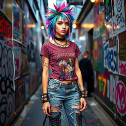 A punk student with a vibrant and edgy style, featuring colorful, spiky hair and bold makeup