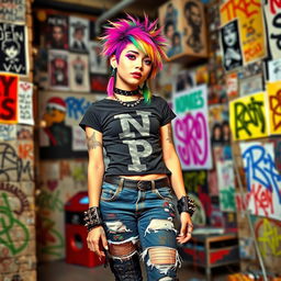 A punk student with a vibrant and edgy style, featuring colorful, spiky hair and bold makeup