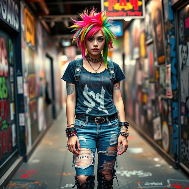 A punk student with a vibrant and edgy style, featuring colorful, spiky hair and bold makeup