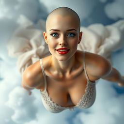 A beautiful bald woman wearing a delicate neglige, showcasing her striking blue eyes and vibrant red lips