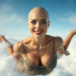 A beautiful bald woman wearing a delicate neglige, showcasing her striking blue eyes and vibrant red lips