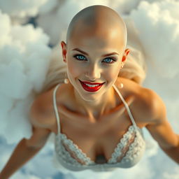 A beautiful bald woman wearing a delicate neglige, showcasing her striking blue eyes and vibrant red lips