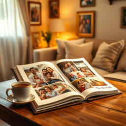 An inviting scene depicting a cozy room with a large, elegantly designed scrapbook open on a wooden table