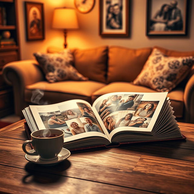 An inviting scene depicting a cozy room with a large, elegantly designed scrapbook open on a wooden table